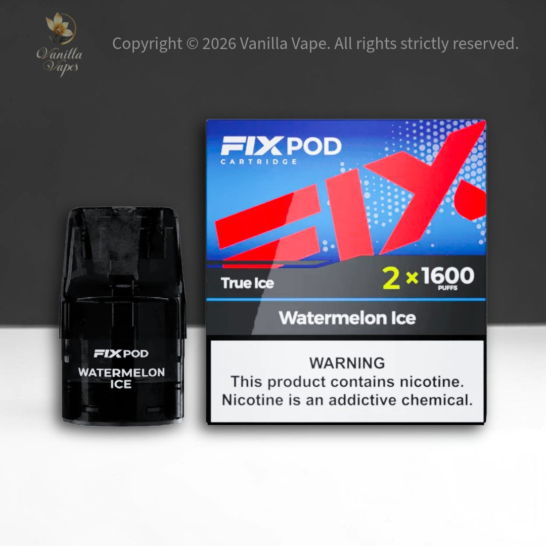 FIXPOD Watermelon Ice vape cartridge and packaging on a gray background