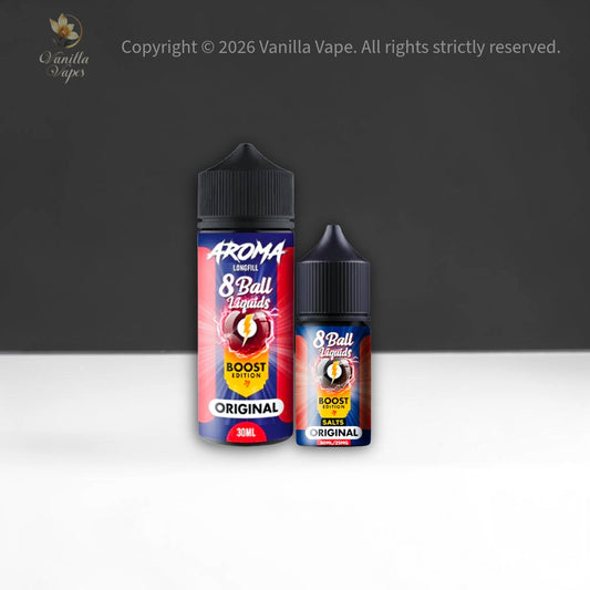 Two bottles of 8 Ball Liquids on a gray background with Vanilla Vape branding.