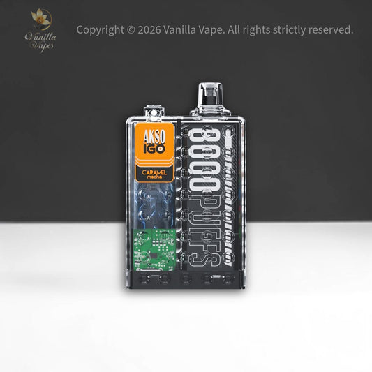 Vape device with 'AKSU IGO' branding on a dark background