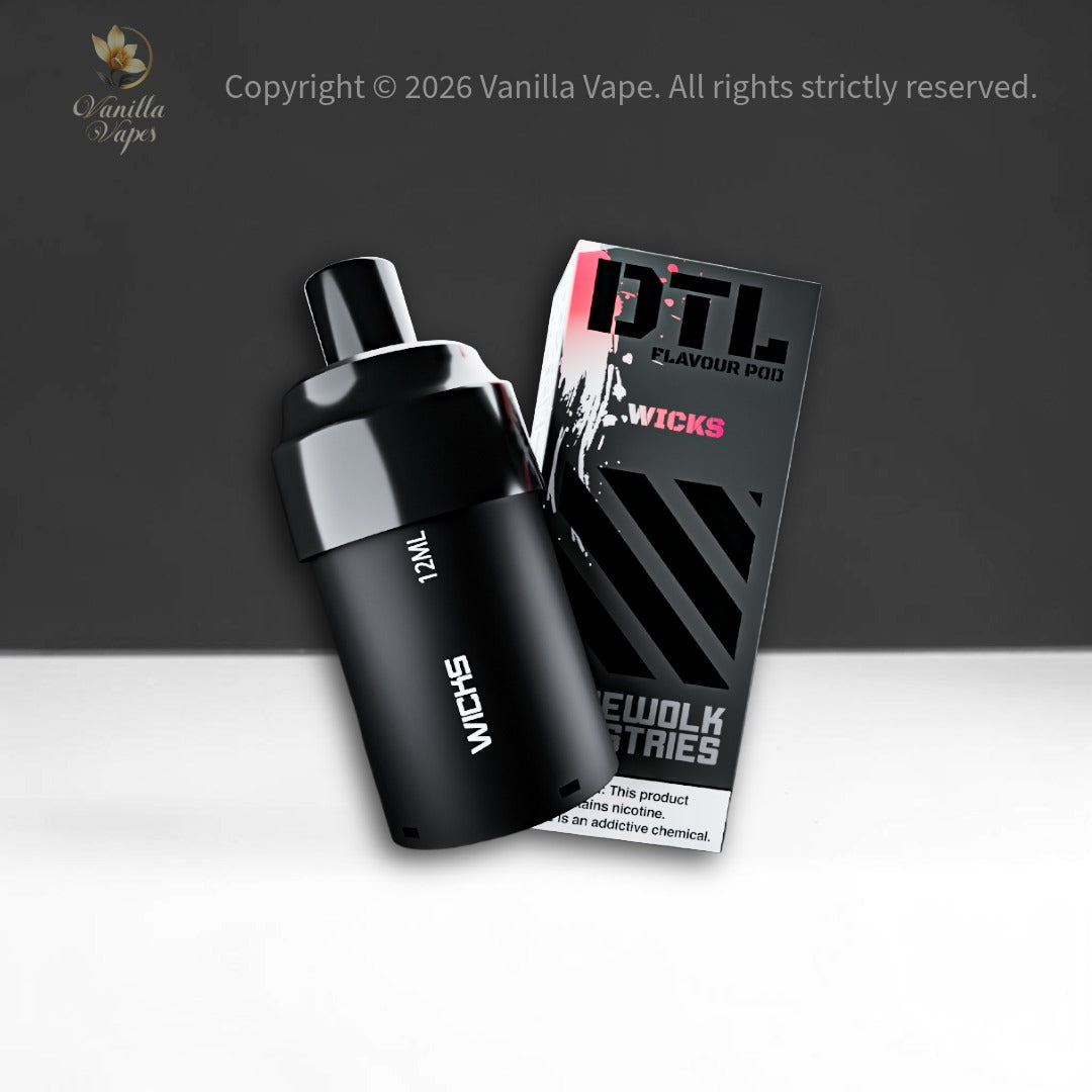 Black vape device with 'Wicks' branding on a dark background
