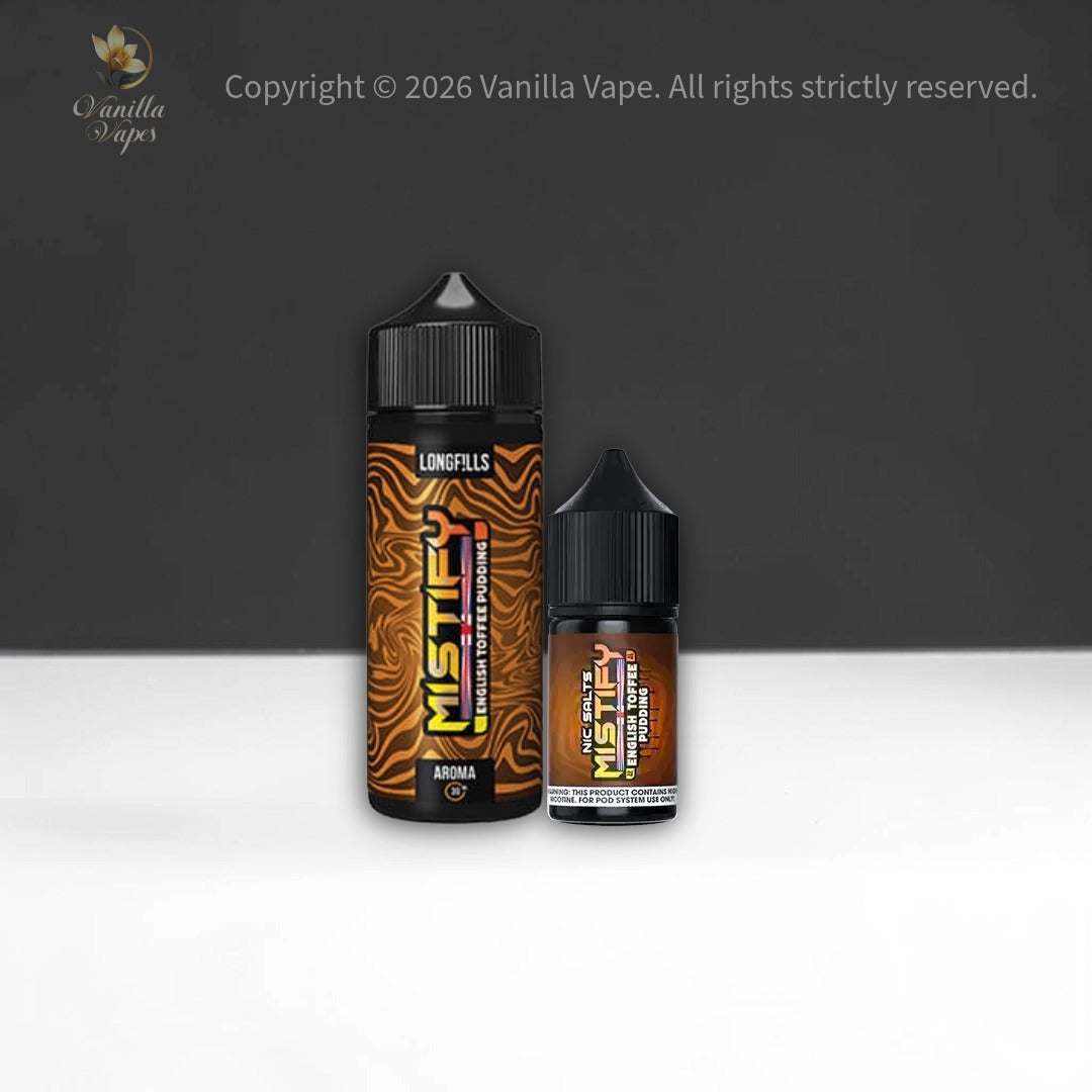 Two bottles of Vanilla Vape Mistify on a dark gray background