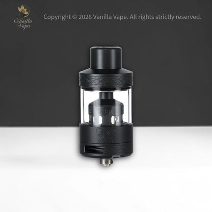 Black and clear vaping device on a white surface with a dark background