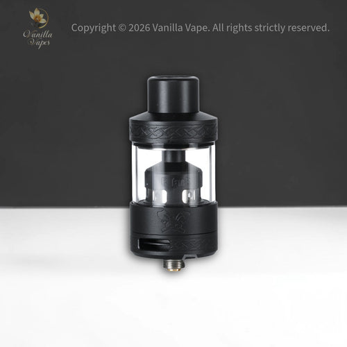 Black and clear vaping device on a white surface with a dark background