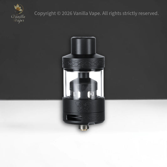 Black and clear vaping device on a white surface with a dark background
