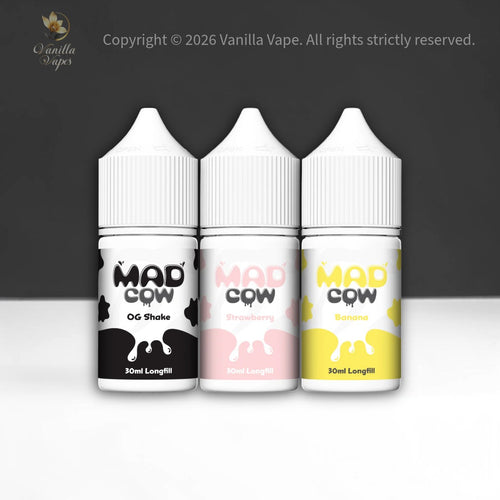 Three bottles of Mad Cow vape juice with different flavors on a dark background.