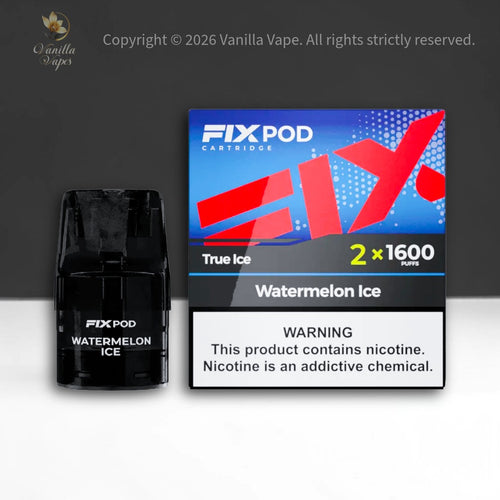 FIXPOD Watermelon Ice vape cartridge and packaging on a gray background