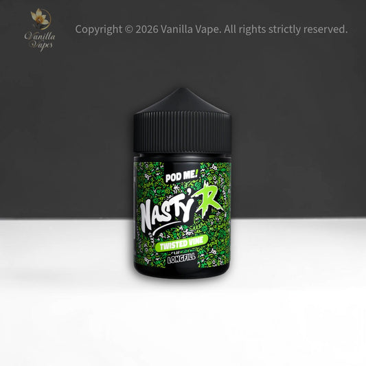 Nasty'R vape juice bottle with green and black design on a gray background