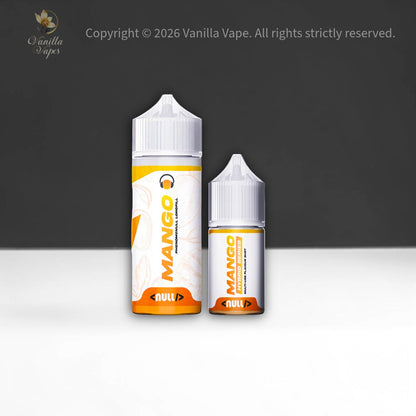 Two bottles of Mango-flavored vape juice on a gray background with 'Vanilla Vape' branding.