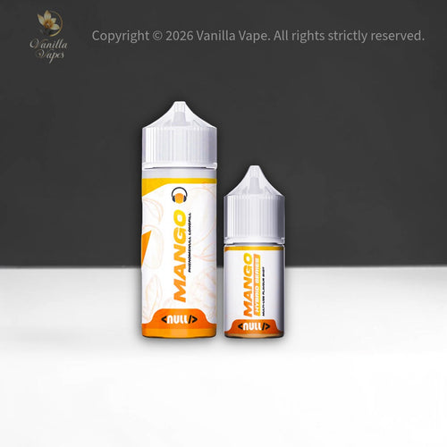 Two bottles of Mango-flavored vape juice on a gray background with 'Vanilla Vape' branding.