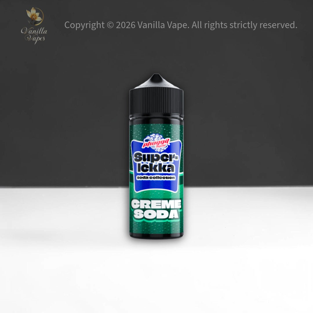 Super Lickka Creme Soda vape juice bottle on a dark background