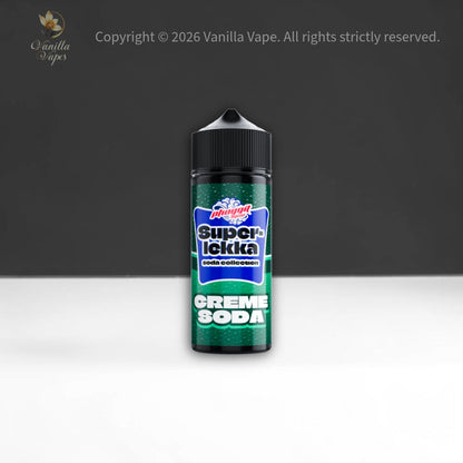 Super Lickka Creme Soda vape juice bottle on a dark background