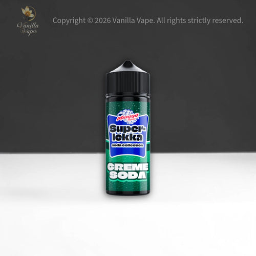 Super Lickka Creme Soda vape juice bottle on a dark background