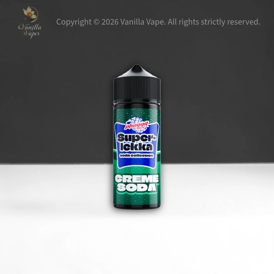 Super Lickka Creme Soda vape juice bottle on a dark background