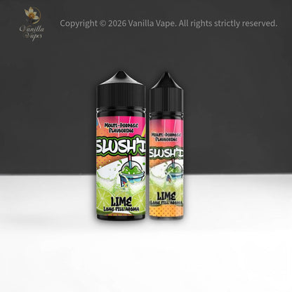 Two bottles of Slushie lime vape juice on a gray background with Vanilla Vape branding.