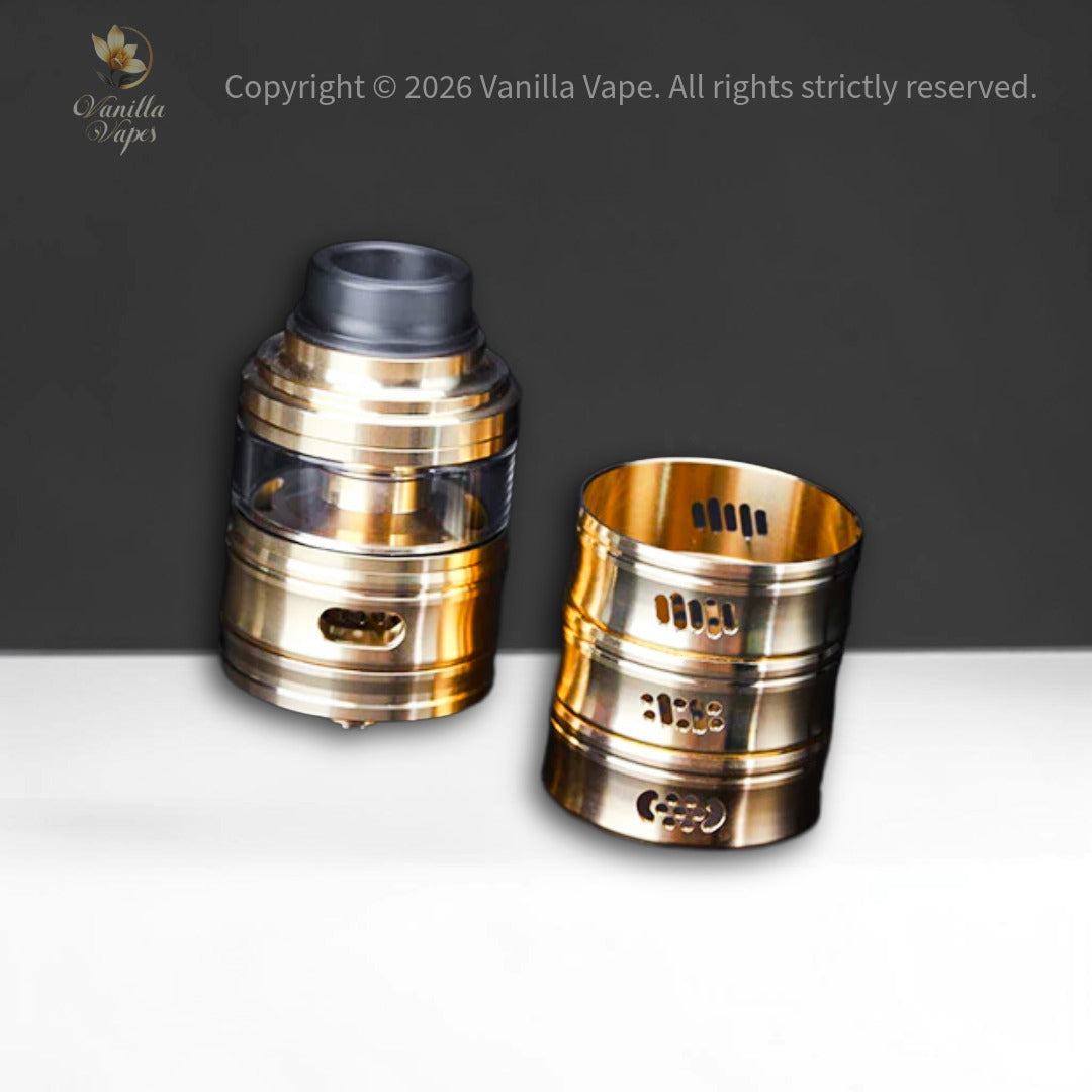Two metallic vape components on a gray background with 'Vanilla Vape' branding.