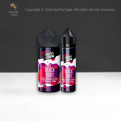Two bottles of Vanilla Vape Black Ruby flavor on a gray background