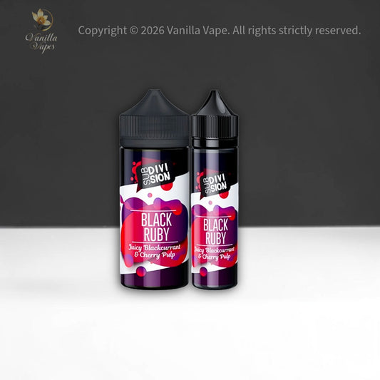 Two bottles of Vanilla Vape Black Ruby flavor on a gray background