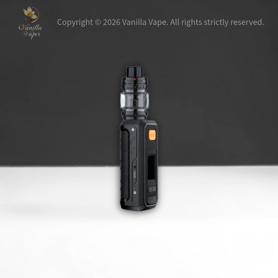 Black vape device on a white and black gradient background with Vanilla Vape branding.