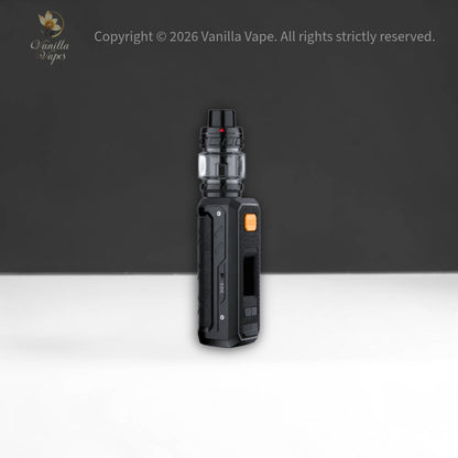 Black vape device on a white and black gradient background with Vanilla Vape branding.
