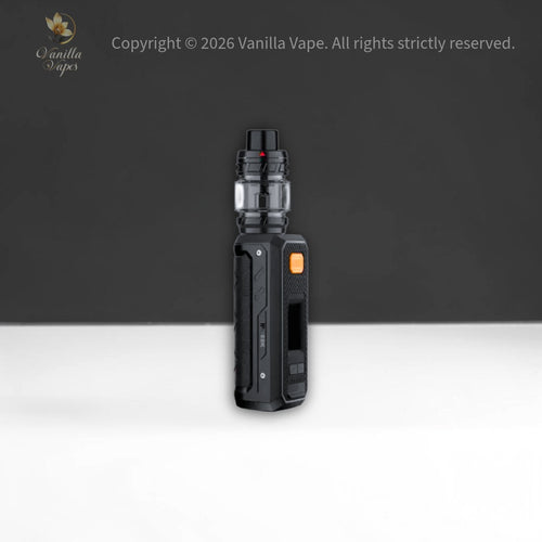 Black vape device on a white and black gradient background with Vanilla Vape branding.