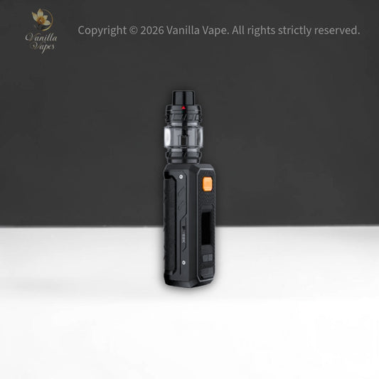 Black vape device on a white and black gradient background with Vanilla Vape branding.