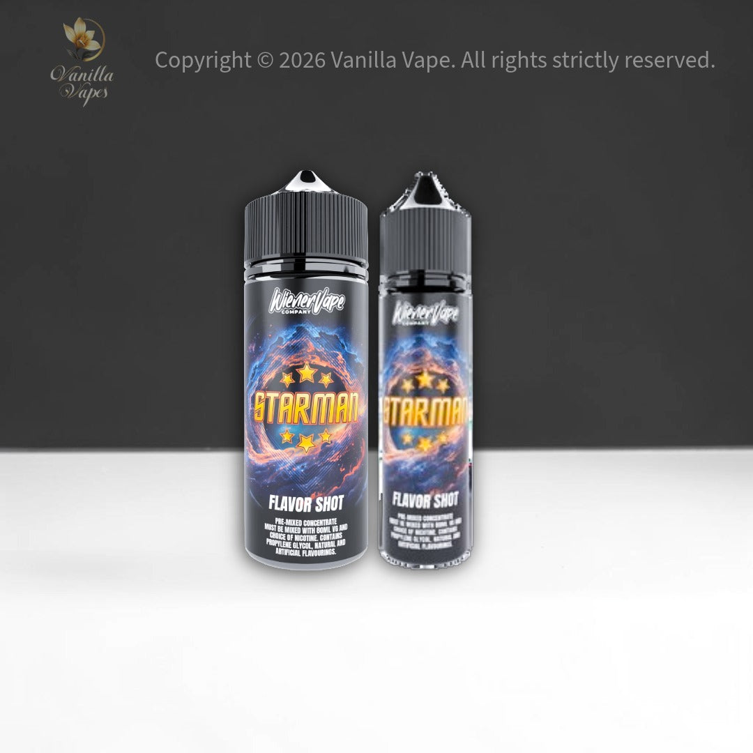 Two Vanilla Vape Starman flavor shot bottles on a white surface with a black background.