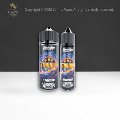 Two Vanilla Vape Starman flavor shot bottles on a white surface with a black background.
