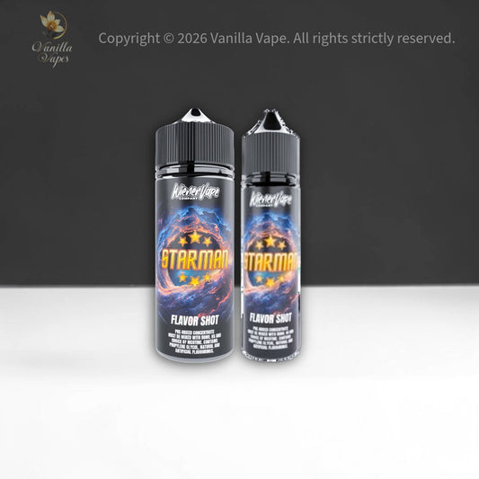 Two Vanilla Vape Starman flavor shot bottles on a white surface with a black background.