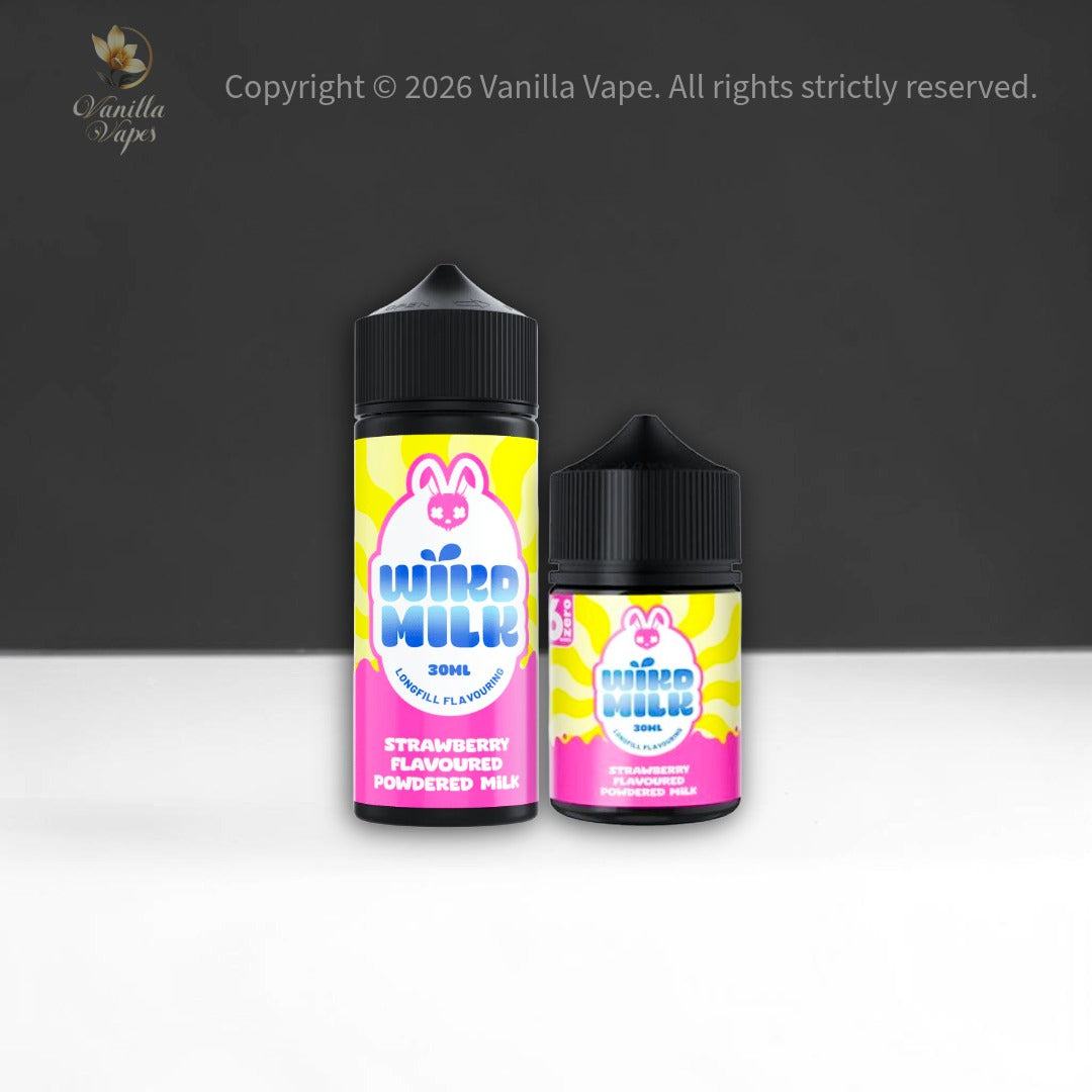 Two bottles of 'Wikd Milk' strawberry-flavored powder mix on a dark background with Vanilla Vape branding.