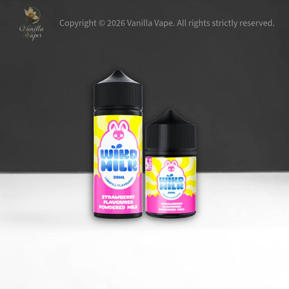 Two bottles of 'Wikd Milk' strawberry-flavored powder mix on a dark background with Vanilla Vape branding.