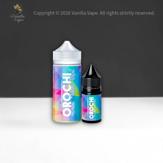Two bottles of OROCHI vape juice on a gray background with 'Vanilla Vape' branding.
