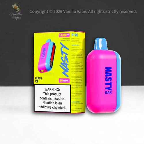 Nasty vape device and packaging on a gray background